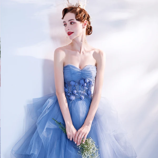 Elegant Hav Blå Dancing Ballkjoler 2020 Ballkjole Kjæreste Uten Ermer Appliques Blomst Beading Lange Buste Ryggløse Formelle Kjoler