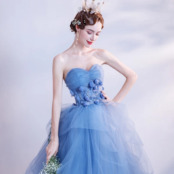 Elegant Hav Blå Dancing Ballkjoler 2020 Ballkjole Kjæreste Uten Ermer Appliques Blomst Beading Lange Buste Ryggløse Formelle Kjoler