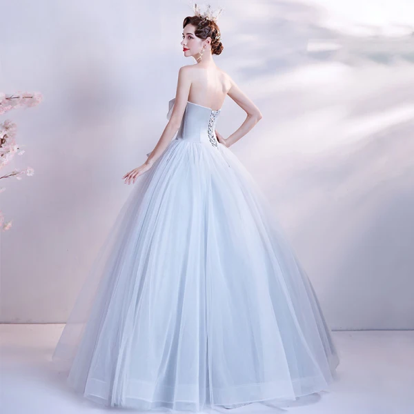 Modest / Simple Grey Dancing Prom Dresses 2020 Ball Gown Strapless Sleeveless Beading Pearl Floor-Length / Long Ruffle Backless Formal Dresses