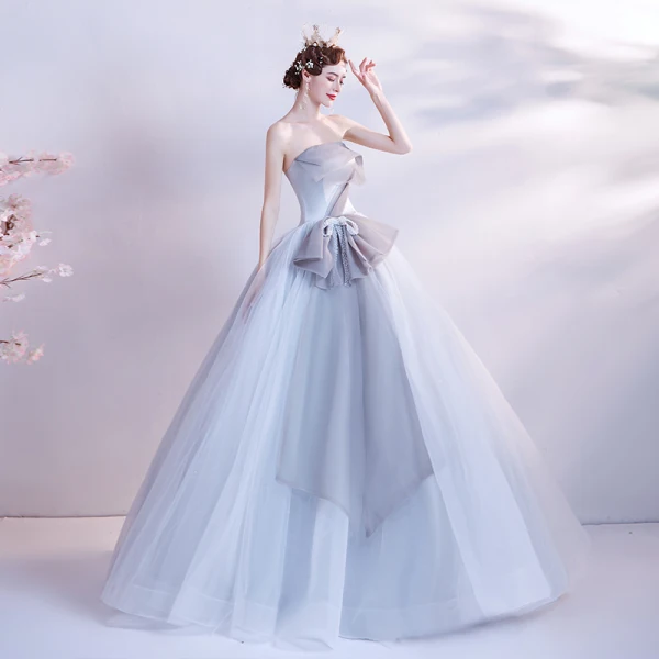Modest / Simple Grey Dancing Prom Dresses 2020 Ball Gown Strapless Sleeveless Beading Pearl Floor-Length / Long Ruffle Backless Formal Dresses