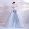 Modest / Simple Grey Dancing Prom Dresses 2020 Ball Gown Strapless Sleeveless Beading Pearl Floor-Length / Long Ruffle Backless Formal Dresses