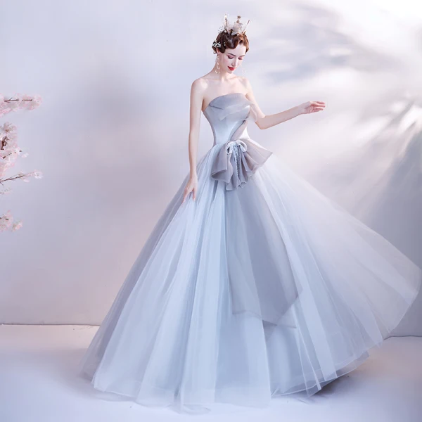 Modest / Simple Grey Dancing Prom Dresses 2020 Ball Gown Strapless Sleeveless Beading Pearl Floor-Length / Long Ruffle Backless Formal Dresses