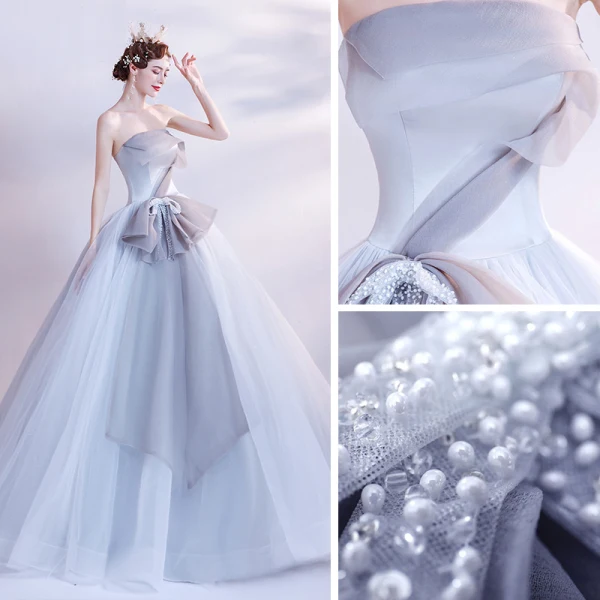 Modest / Simple Grey Dancing Prom Dresses 2020 Ball Gown Strapless Sleeveless Beading Pearl Floor-Length / Long Ruffle Backless Formal Dresses