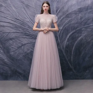 Illusion Rougissant Rose Dansant Robe De Bal 2020 Princesse Transparentes Col Haut Gonflée Manches Courtes Paillettes Perlage Longue Volants Robe De Ceremonie