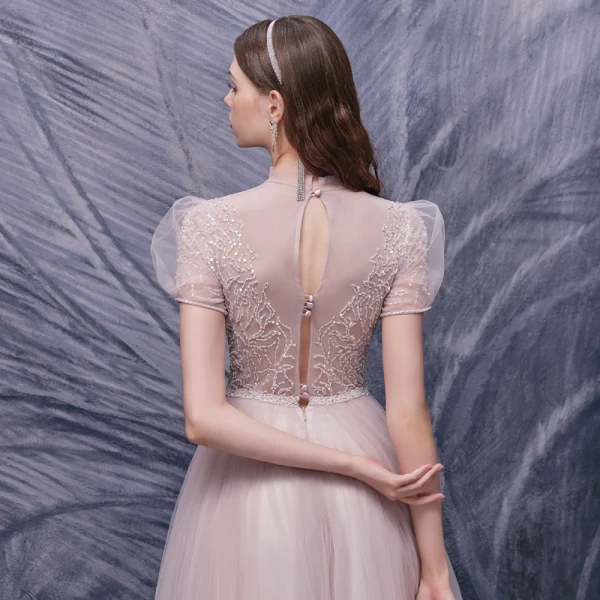Illusion Blushing Pink Dancing Prom Dresses 2020 A-Line / Princess See-through High Neck Puffy Short Sleeve Sequins Beading Floor-Length / Long Ruffle Formal Dresses
