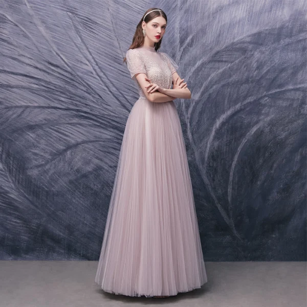 Illusion Blushing Pink Dancing Prom Dresses 2020 A-Line / Princess See-through High Neck Puffy Short Sleeve Sequins Beading Floor-Length / Long Ruffle Formal Dresses