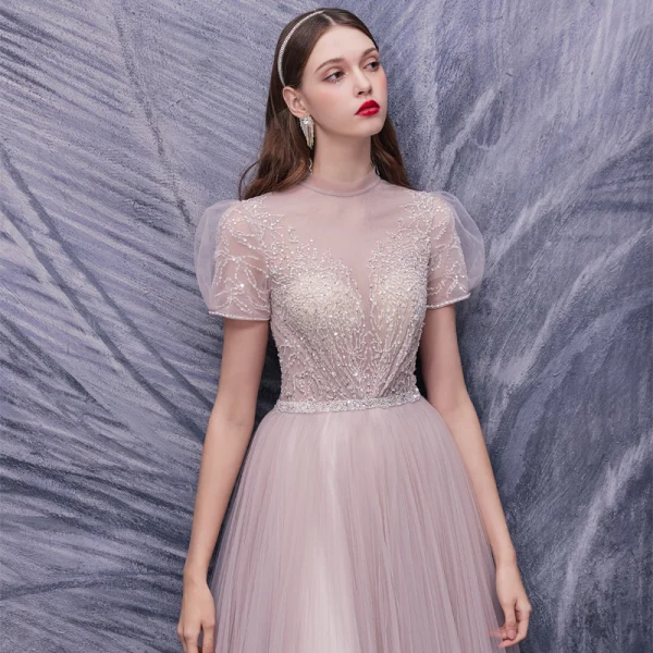 Illusion Blushing Pink Dancing Prom Dresses 2020 A-Line / Princess See-through High Neck Puffy Short Sleeve Sequins Beading Floor-Length / Long Ruffle Formal Dresses