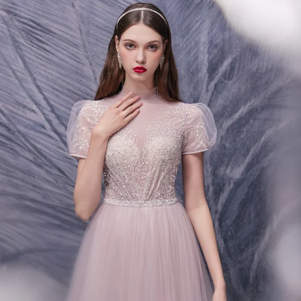 Illusion Blushing Pink Dancing Prom Dresses 2020 A-Line / Princess See-through High Neck Puffy Short Sleeve Sequins Beading Floor-Length / Long Ruffle Formal Dresses