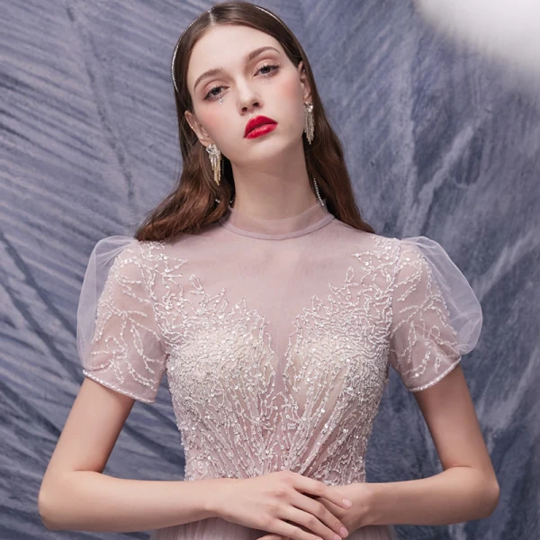 Illusion Blushing Pink Dancing Prom Dresses 2020 A-Line / Princess See-through High Neck Puffy Short Sleeve Sequins Beading Floor-Length / Long Ruffle Formal Dresses