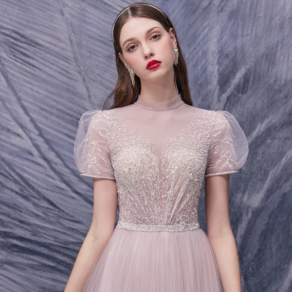 Illusion Blushing Pink Dancing Prom Dresses 2020 A-Line / Princess See-through High Neck Puffy Short Sleeve Sequins Beading Floor-Length / Long Ruffle Formal Dresses