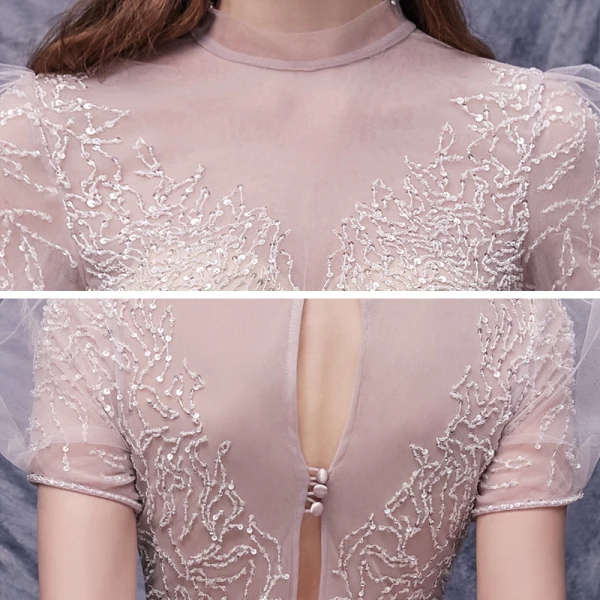 Illusion Blushing Pink Dancing Prom Dresses 2020 A-Line / Princess See-through High Neck Puffy Short Sleeve Sequins Beading Floor-Length / Long Ruffle Formal Dresses