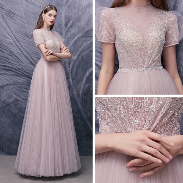 Illusion Blushing Pink Dancing Prom Dresses 2020 A-Line / Princess See-through High Neck Puffy Short Sleeve Sequins Beading Floor-Length / Long Ruffle Formal Dresses