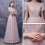 Illusion Blushing Pink Dancing Prom Dresses 2020 A-Line / Princess See-through High Neck Puffy Short Sleeve Sequins Beading Floor-Length / Long Ruffle Formal Dresses