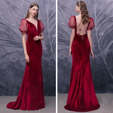 Sexy Red Velour Evening Dresses 2020 Trumpet Mermaid See Through Deep V Neck Puffy Long Sleeve Beading Spotted Tulle Sweep Train Formal Dresses