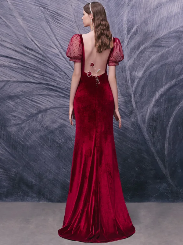 Sexy Rot Velour Abendkleider 2020 Meerjungfrau Durchsichtige Tiefer V-Ausschnitt Geschwollenes Lange Ärmel Perlenstickerei Geflecktes Tülle Sweep / Pinsel Zug Festliche Kleider