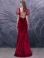 Sexy Rot Velour Abendkleider 2020 Meerjungfrau Durchsichtige Tiefer V-Ausschnitt Geschwollenes Lange Ärmel Perlenstickerei Geflecktes Tülle Sweep / Pinsel Zug Festliche Kleider