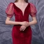 Sexy Rot Velour Abendkleider 2020 Meerjungfrau Durchsichtige Tiefer V-Ausschnitt Geschwollenes Lange Ärmel Perlenstickerei Geflecktes Tülle Sweep / Pinsel Zug Festliche Kleider