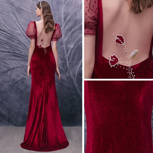 Sexy Rot Velour Abendkleider 2020 Meerjungfrau Durchsichtige Tiefer V-Ausschnitt Geschwollenes Lange Ärmel Perlenstickerei Geflecktes Tülle Sweep / Pinsel Zug Festliche Kleider