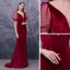 Sexy Rot Velour Abendkleider 2020 Meerjungfrau Durchsichtige Tiefer V-Ausschnitt Geschwollenes Lange Ärmel Perlenstickerei Geflecktes Tülle Sweep / Pinsel Zug Festliche Kleider