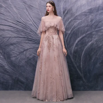 High End Blushing Pink Dancing Prom Dresses 2020 A Line Princess See Through Scoop Neck Short Sleeve Appliques Flower Sequins Beading Floor Length Long Ruffle Backless Formal Dresses