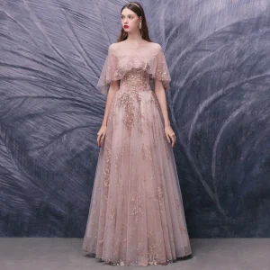 High End Blozen Roze Dansen Galajurken 2020 A Lijn Doorzichtige Ronde Hals Korte Mouwen Appliques Bloem Pailletten Kralen Lange Ruche Ruglooze Gelegenheid Jurken