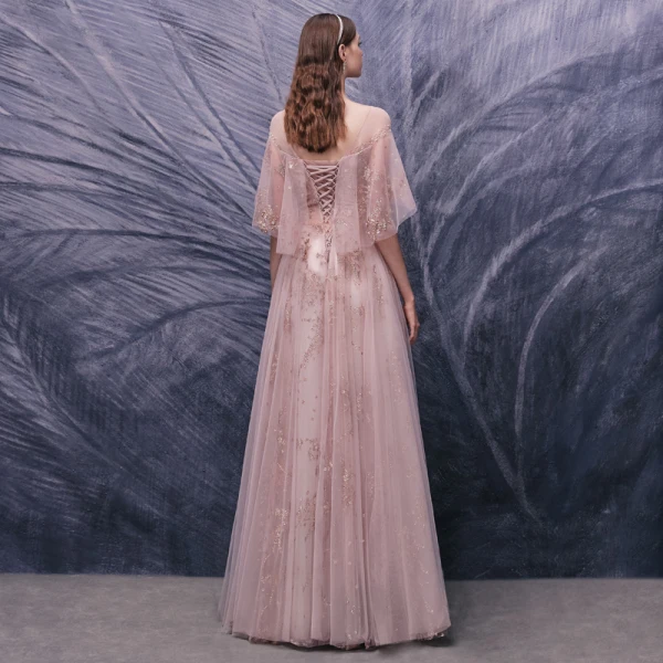 Haut de Gamme Rougissant Rose Dansant Robe De Bal 2020 Princesse Transparentes Encolure Dégagée Manches Courtes Appliques Fleur Paillettes Perlage Longue Volants Dos Nu Robe De Ceremonie