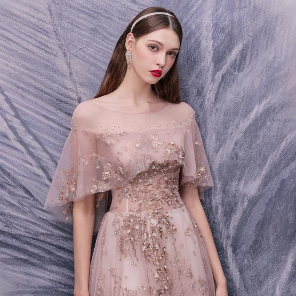 Haut de Gamme Rougissant Rose Dansant Robe De Bal 2020 Princesse Transparentes Encolure Dégagée Manches Courtes Appliques Fleur Paillettes Perlage Longue Volants Dos Nu Robe De Ceremonie