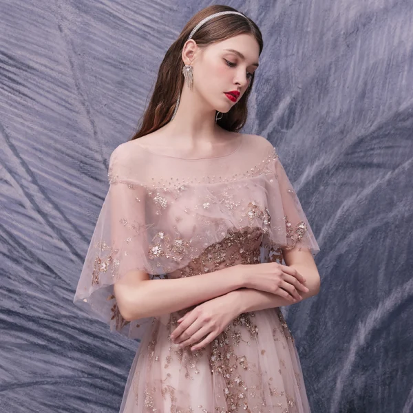 Haut de Gamme Rougissant Rose Dansant Robe De Bal 2020 Princesse Transparentes Encolure Dégagée Manches Courtes Appliques Fleur Paillettes Perlage Longue Volants Dos Nu Robe De Ceremonie
