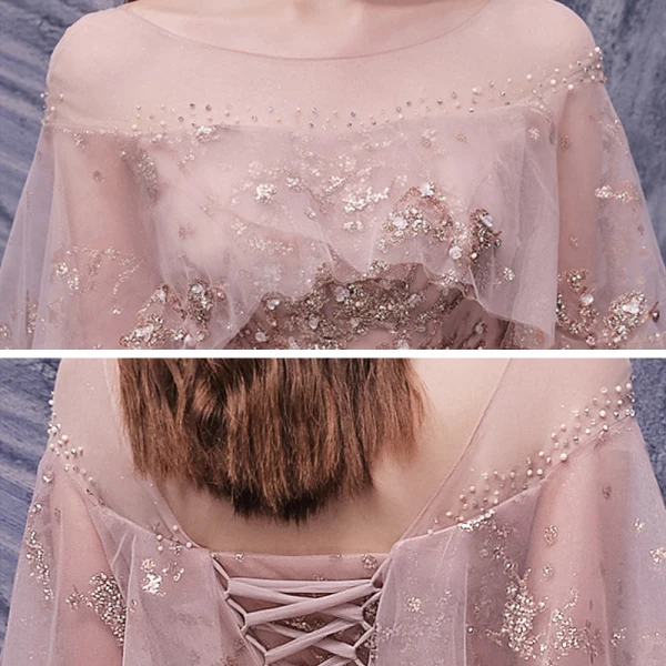 Haut de Gamme Rougissant Rose Dansant Robe De Bal 2020 Princesse Transparentes Encolure Dégagée Manches Courtes Appliques Fleur Paillettes Perlage Longue Volants Dos Nu Robe De Ceremonie