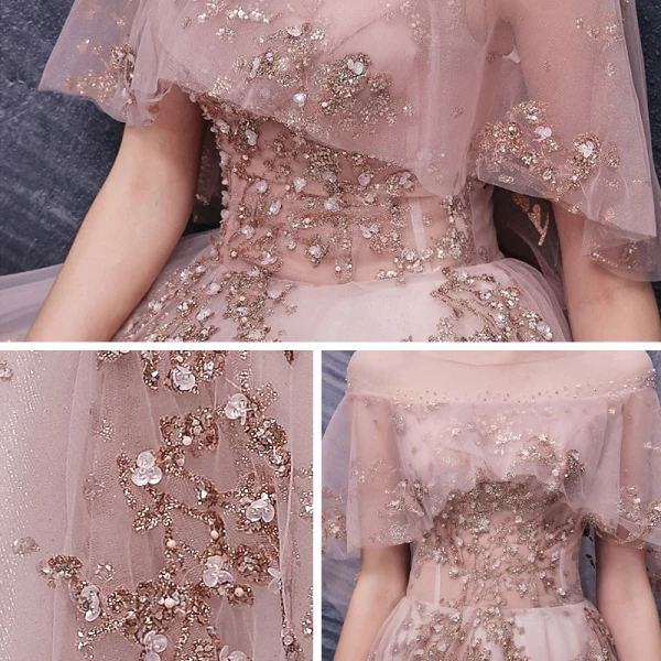 Haut de Gamme Rougissant Rose Dansant Robe De Bal 2020 Princesse Transparentes Encolure Dégagée Manches Courtes Appliques Fleur Paillettes Perlage Longue Volants Dos Nu Robe De Ceremonie