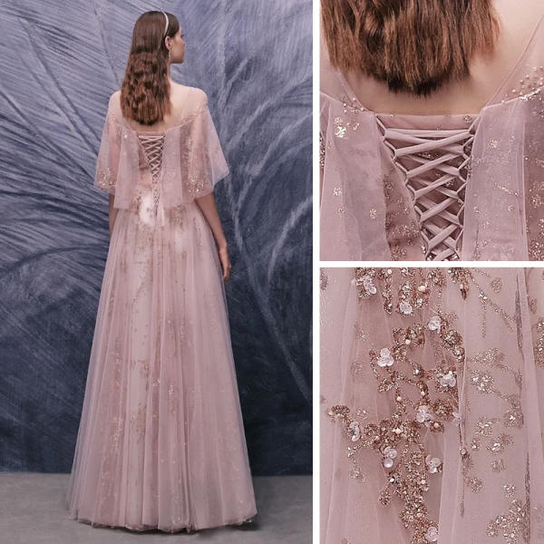 Haut de Gamme Rougissant Rose Dansant Robe De Bal 2020 Princesse Transparentes Encolure Dégagée Manches Courtes Appliques Fleur Paillettes Perlage Longue Volants Dos Nu Robe De Ceremonie