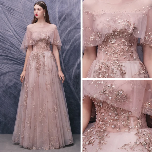 Haut de Gamme Rougissant Rose Dansant Robe De Bal 2020 Princesse Transparentes Encolure Dégagée Manches Courtes Appliques Fleur Paillettes Perlage Longue Volants Dos Nu Robe De Ceremonie