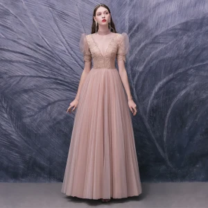Fashion Pearl Pink Dancing Prom Dresses 2020 A Line Princess See Through High Neck Puffy Short Sleeve Appliques Lace Beading Floor Length Long Ruffle Formal Dresses
