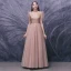Fashion Pearl Pink Dancing Prom Dresses 2020 A-Line / Princess See-through High Neck Puffy Short Sleeve Appliques Lace Beading Floor-Length / Long Ruffle Formal Dresses