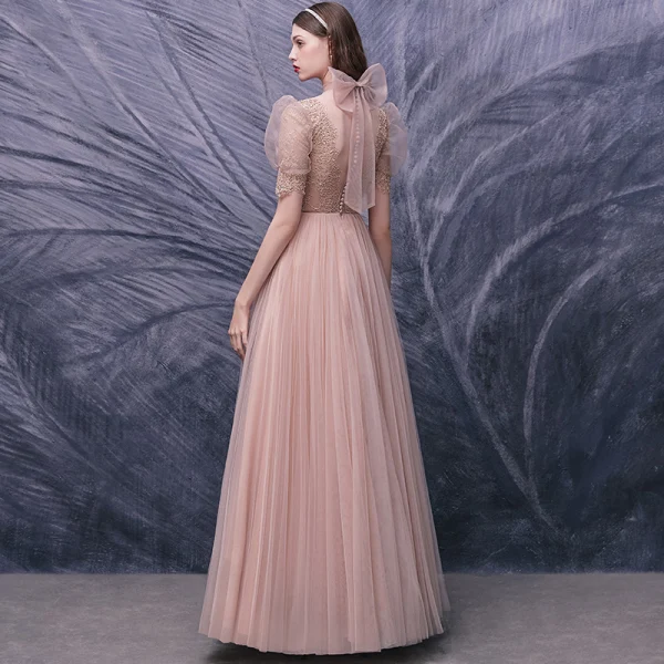 Fashion Pearl Pink Dancing Prom Dresses 2020 A-Line / Princess See-through High Neck Puffy Short Sleeve Appliques Lace Beading Floor-Length / Long Ruffle Formal Dresses