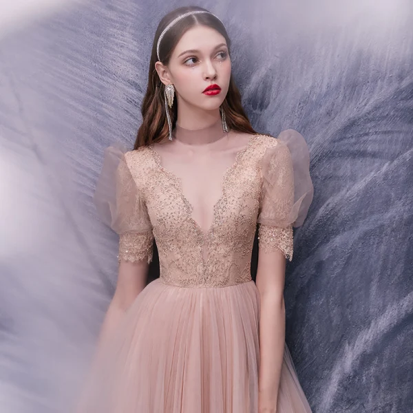 Fashion Pearl Pink Dancing Prom Dresses 2020 A-Line / Princess See-through High Neck Puffy Short Sleeve Appliques Lace Beading Floor-Length / Long Ruffle Formal Dresses
