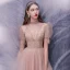 Fashion Pearl Pink Dancing Prom Dresses 2020 A-Line / Princess See-through High Neck Puffy Short Sleeve Appliques Lace Beading Floor-Length / Long Ruffle Formal Dresses