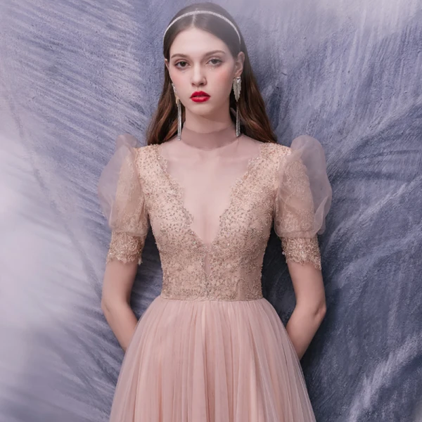 Fashion Pearl Pink Dancing Prom Dresses 2020 A-Line / Princess See-through High Neck Puffy Short Sleeve Appliques Lace Beading Floor-Length / Long Ruffle Formal Dresses