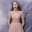 Fashion Pearl Pink Dancing Prom Dresses 2020 A-Line / Princess See-through High Neck Puffy Short Sleeve Appliques Lace Beading Floor-Length / Long Ruffle Formal Dresses