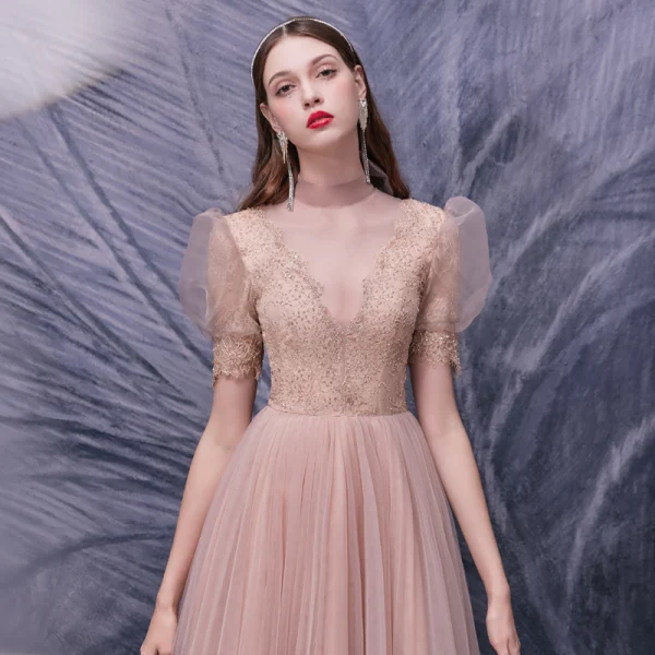 Fashion Pearl Pink Dancing Prom Dresses 2020 A-Line / Princess See-through High Neck Puffy Short Sleeve Appliques Lace Beading Floor-Length / Long Ruffle Formal Dresses