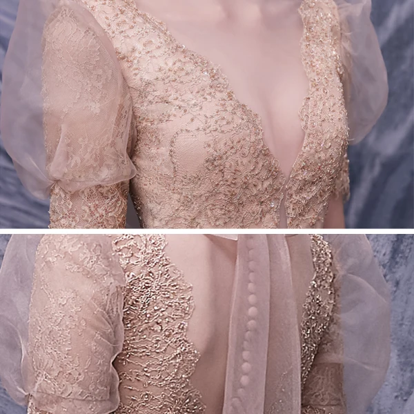 Fashion Pearl Pink Dancing Prom Dresses 2020 A-Line / Princess See-through High Neck Puffy Short Sleeve Appliques Lace Beading Floor-Length / Long Ruffle Formal Dresses