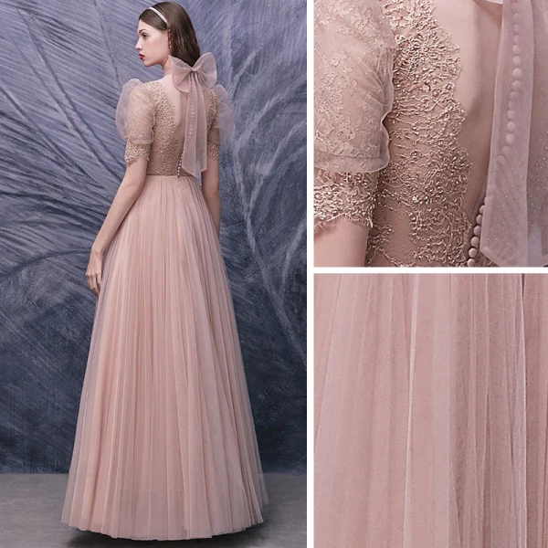 Fashion Pearl Pink Dancing Prom Dresses 2020 A-Line / Princess See-through High Neck Puffy Short Sleeve Appliques Lace Beading Floor-Length / Long Ruffle Formal Dresses