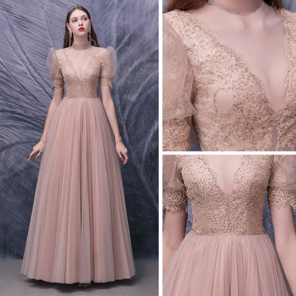 Fashion Pearl Pink Dancing Prom Dresses 2020 A-Line / Princess See-through High Neck Puffy Short Sleeve Appliques Lace Beading Floor-Length / Long Ruffle Formal Dresses