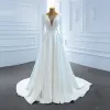 High-end White Satin Outdoor / Garden Wedding Dresses 2020 A-Line / Princess See-through Deep V-Neck Long Sleeve Backless Sash Beading Pearl Split Front Sweep Train