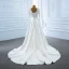 High End Weiß Satin Garten / Im Freien Brautkleider / Hochzeitskleider 2020 A Linie Durchsichtige Tiefer V-Ausschnitt Lange Ärmel Rückenfreies Stoffgürtel Perlenstickerei Perle Gespaltete Front Sweep / Pinsel Zug