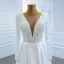 High End Weiß Satin Garten / Im Freien Brautkleider / Hochzeitskleider 2020 A Linie Durchsichtige Tiefer V-Ausschnitt Lange Ärmel Rückenfreies Stoffgürtel Perlenstickerei Perle Gespaltete Front Sweep / Pinsel Zug