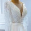 High End Weiß Satin Garten / Im Freien Brautkleider / Hochzeitskleider 2020 A Linie Durchsichtige Tiefer V-Ausschnitt Lange Ärmel Rückenfreies Stoffgürtel Perlenstickerei Perle Gespaltete Front Sweep / Pinsel Zug