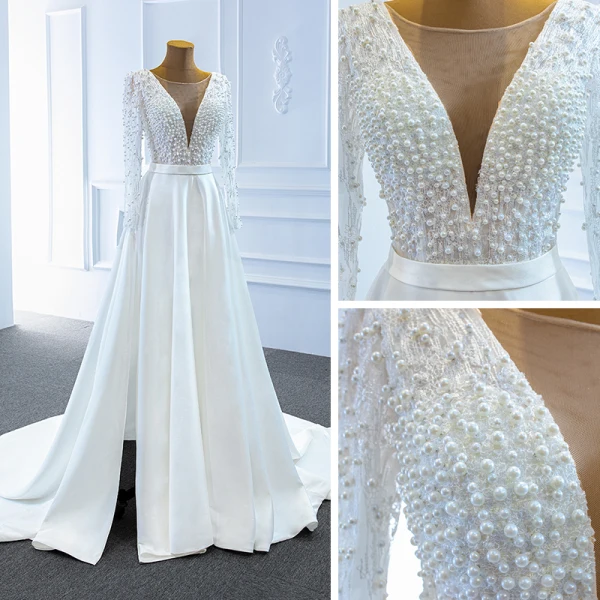 High End Weiß Satin Garten / Im Freien Brautkleider / Hochzeitskleider 2020 A Linie Durchsichtige Tiefer V-Ausschnitt Lange Ärmel Rückenfreies Stoffgürtel Perlenstickerei Perle Gespaltete Front Sweep / Pinsel Zug