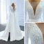 High End Weiß Satin Garten / Im Freien Brautkleider / Hochzeitskleider 2020 A Linie Durchsichtige Tiefer V-Ausschnitt Lange Ärmel Rückenfreies Stoffgürtel Perlenstickerei Perle Gespaltete Front Sweep / Pinsel Zug