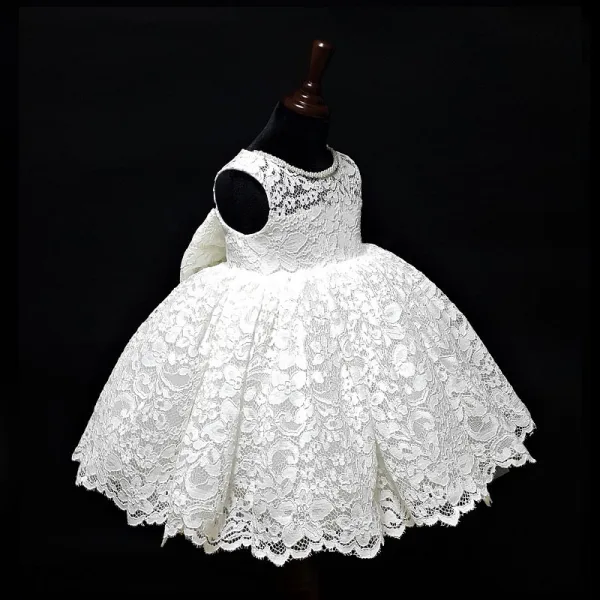 Classic White Lace Flower Girl Dresses With Shawl 2020 Ball Gown Scoop Neck Sleeveless Beading Bow Short Ruffle Wedding Party Dresses